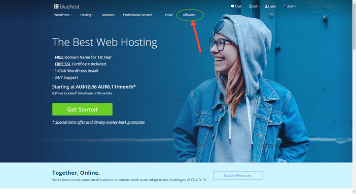 Bluehost affiliate signup screen